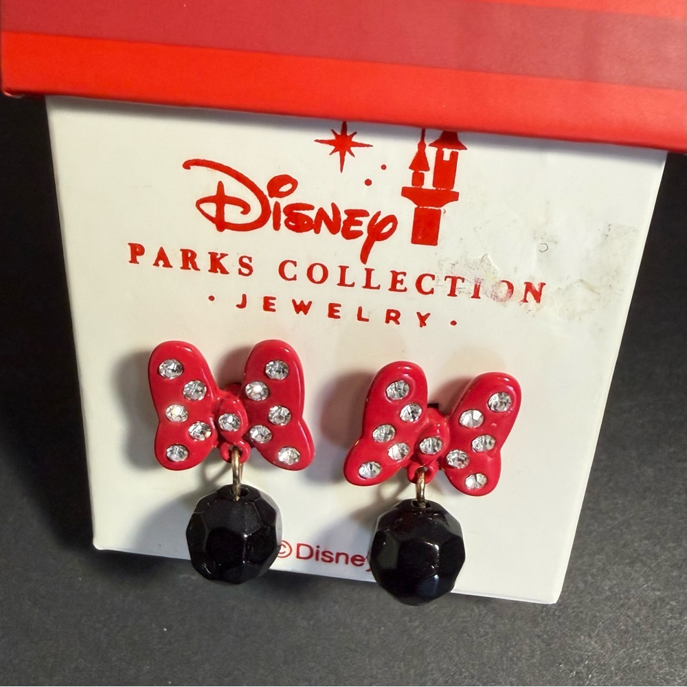Disney Minnie Mouse Rhinestone Red Bow Earrings with Black Drops Park Collection
